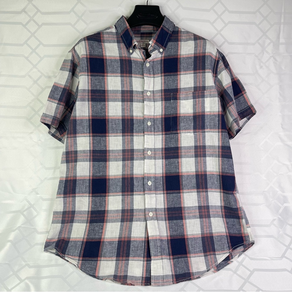 Merona Casual Plaid Blue Red Short Sleeve Button Down Shirt Size L